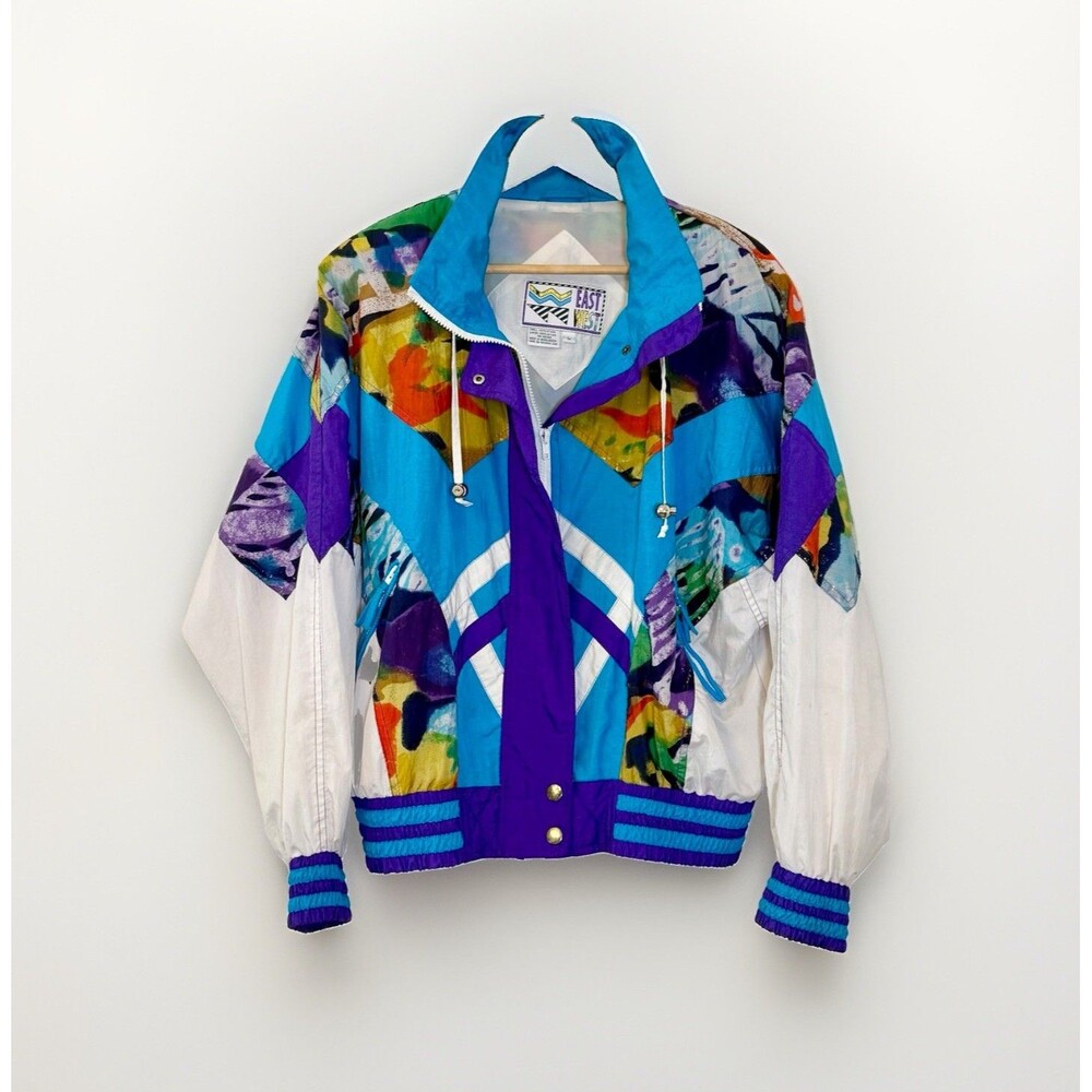 East West Sz Large Vintage 80s 90s Abstract Windbreaker Blue Colorblock Jacket
